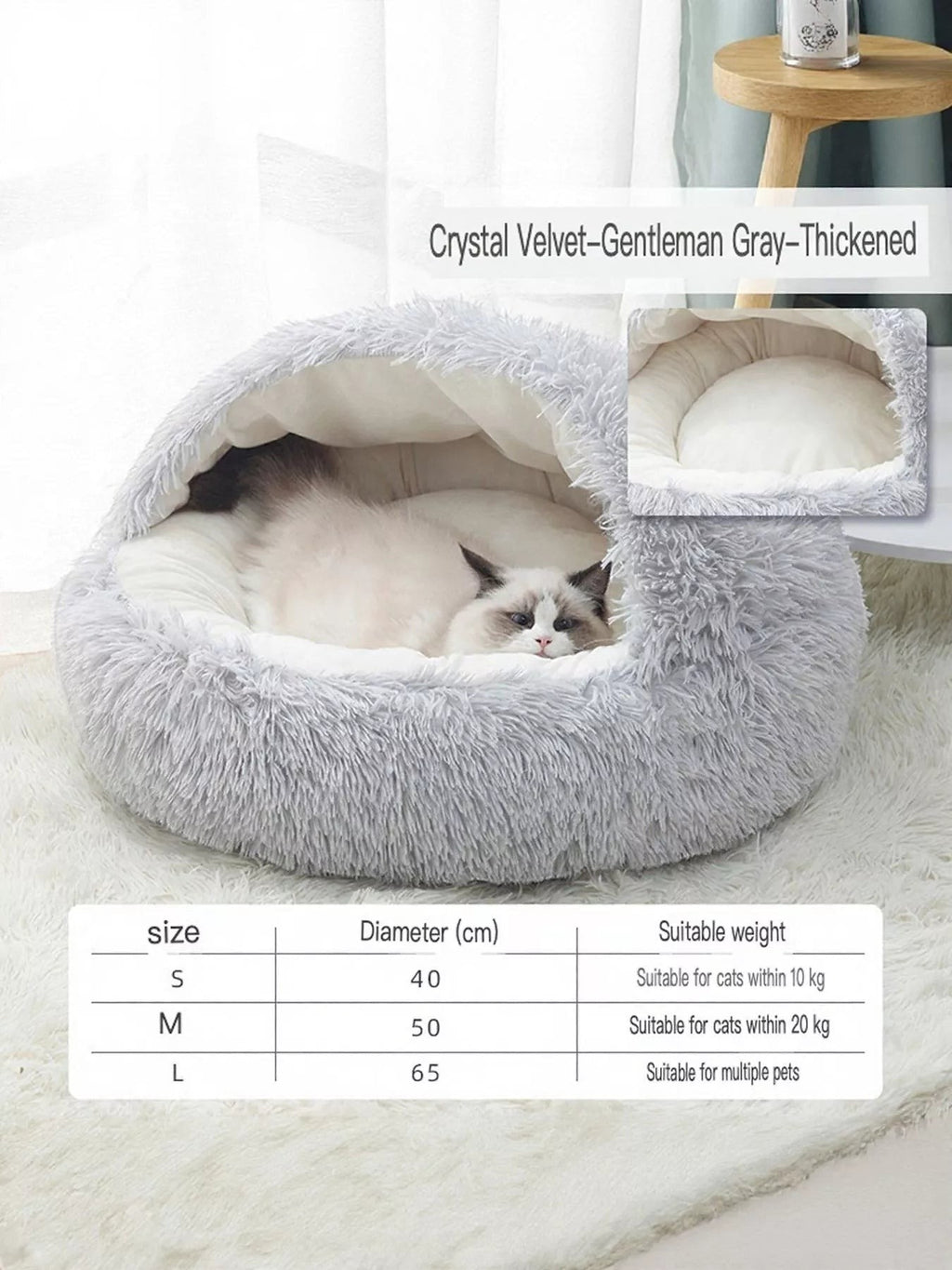 Little Pets Club Calming Cloud Nest pet bed in light gray faux fur with a raised rim for support and a deep nest shape for security.