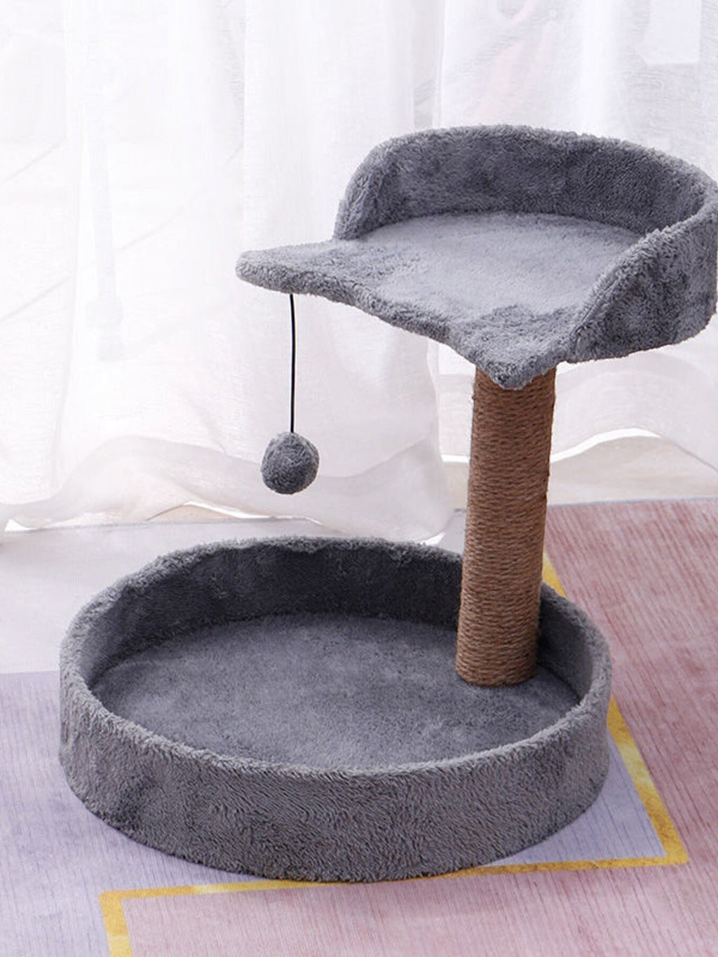 Little Pets Club grey plush cat tree with scratching post, elevated perch, and base bed, featuring a dangling toy.