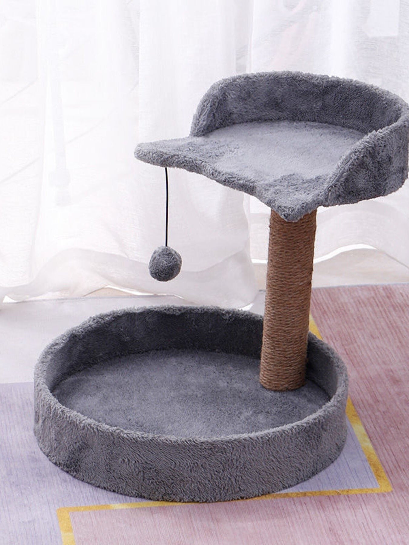 Little Pets Club grey plush cat tree with scratching post, elevated perch, and base bed, featuring a dangling toy.