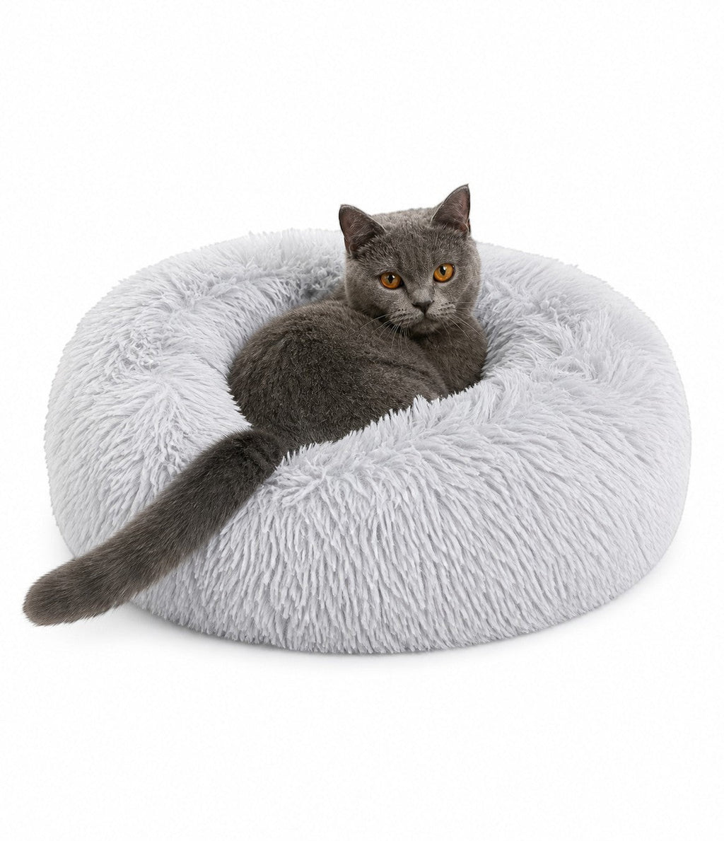 Little Pets Club light grey plush donut pet bed with a grey cat resting inside. Features faux fur and raised edges for comfort.