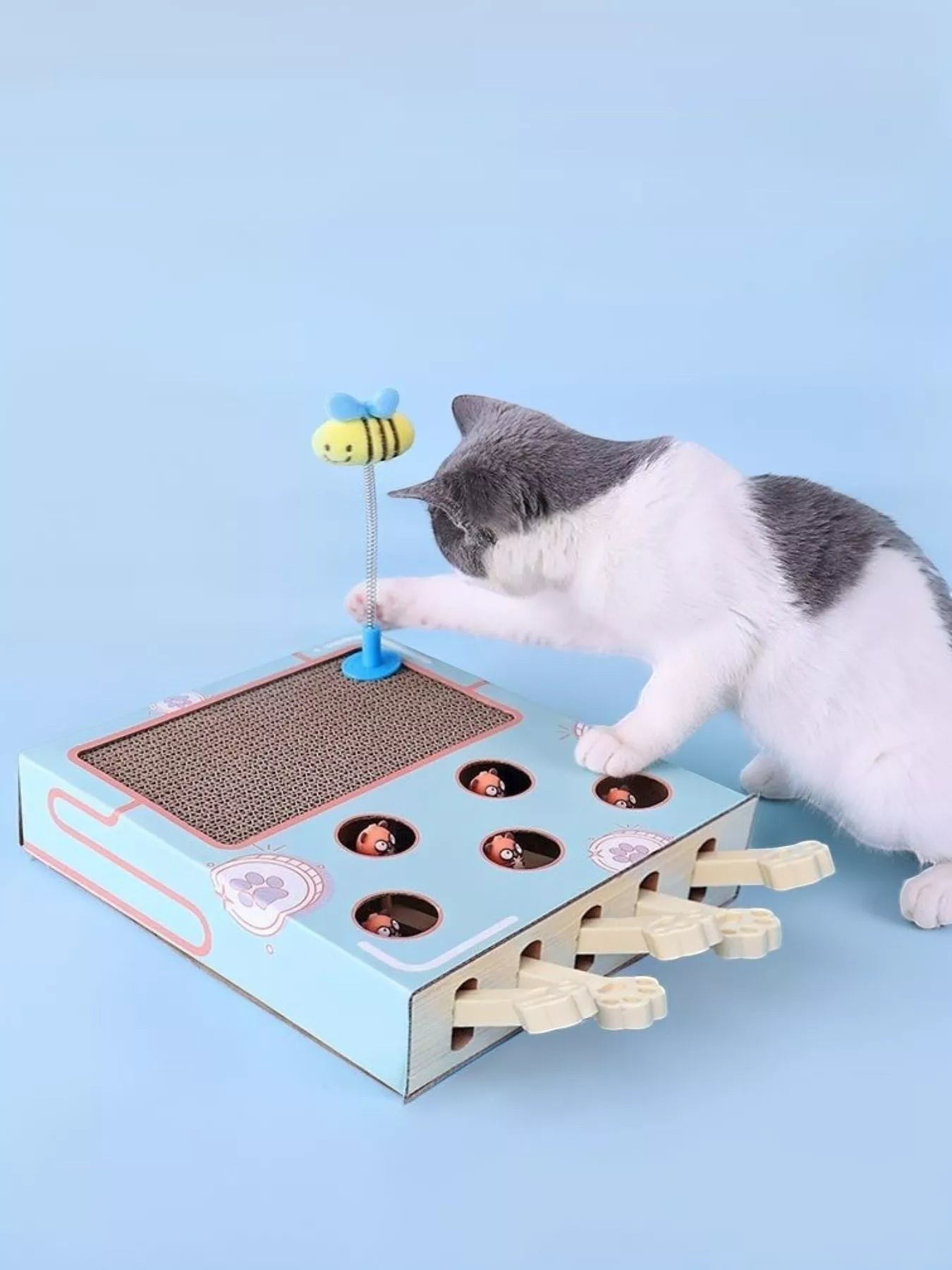 Little Pets Club interactive cat scratching box with whack-a-mole game and bee toy. Blue cardboard with corrugated scratch surface.