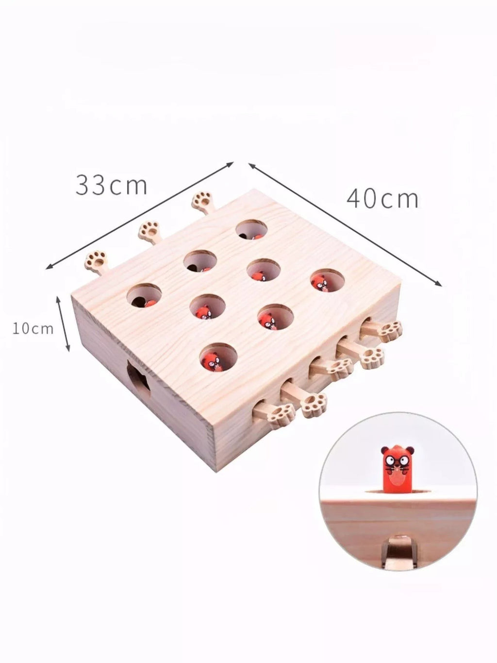 Little Pets Club interactive wooden whack-a-mole toy for cats, featuring red characters popping out of holes.