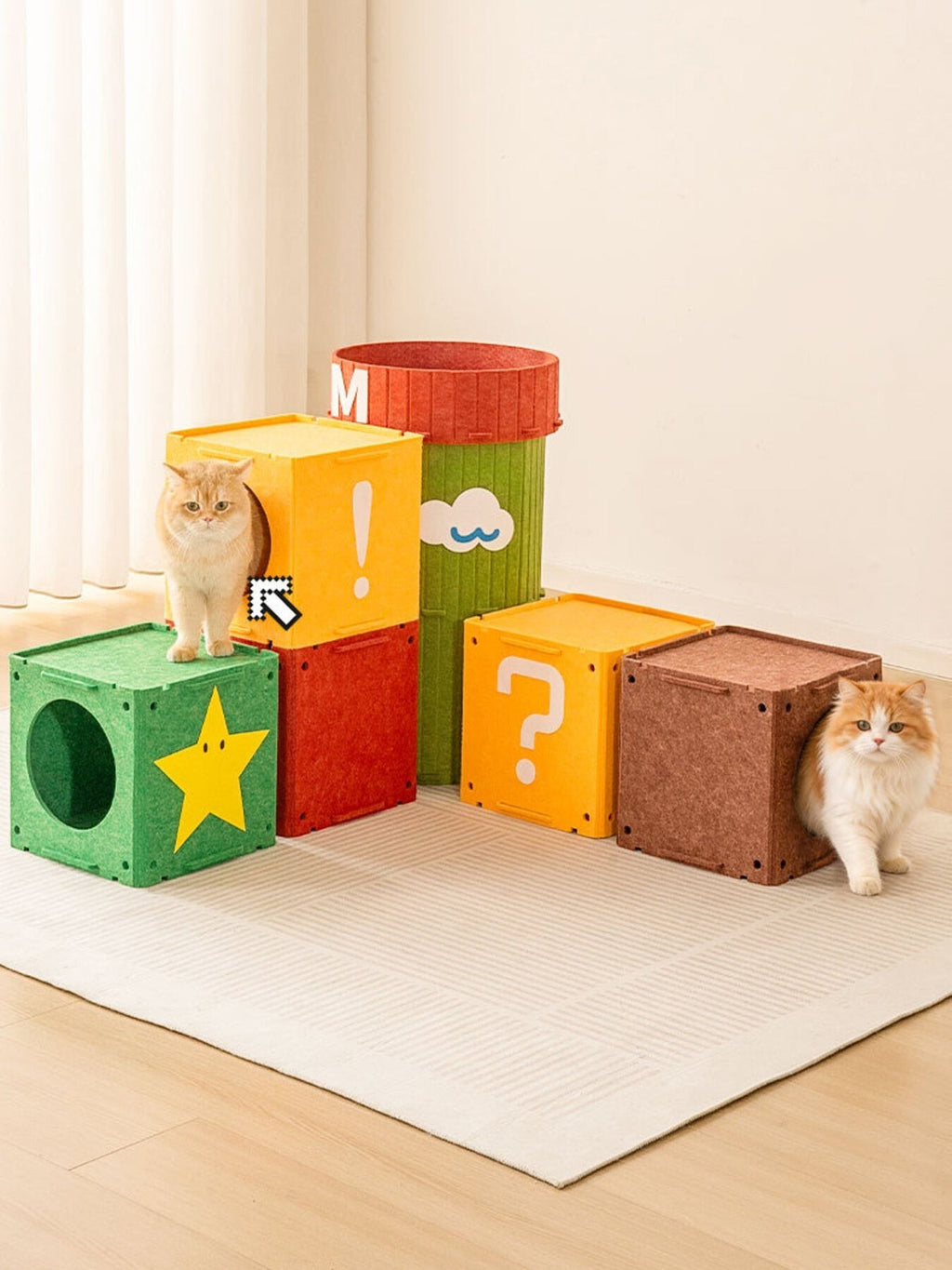 Little Pets Club modular cat house cubes in green, yellow, red, and brown felt, featuring star, exclamation mark, and question mark designs. Two cats are interacting with the play structure.