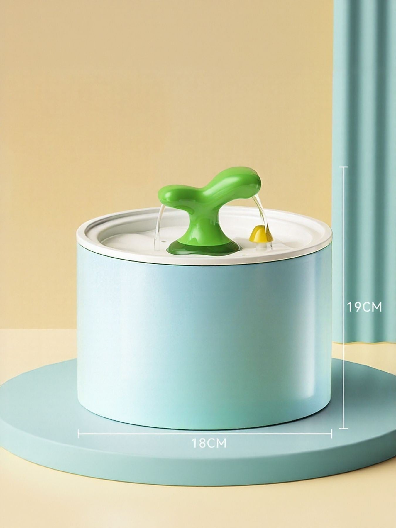 Little Pets Club Mushroom Flow ceramic pet water fountain in light blue with green mushroom spout. Automatic, quiet, and USB powered.