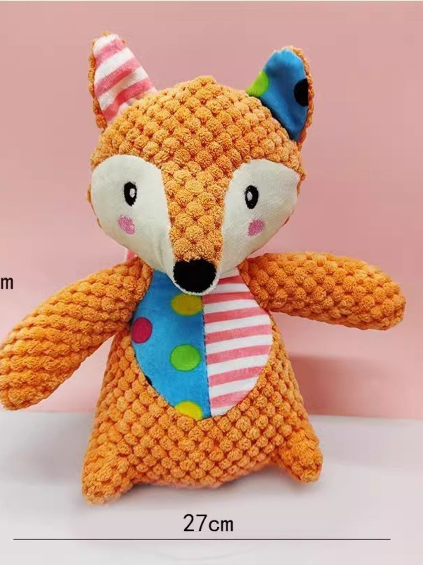 Little Pets Club orange plush fox toy with striped and polka dot accents, made of polyester.