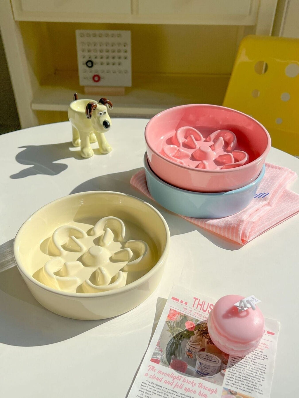 little pets club pastel pink and yellow ceramic slow feeder pet bowls with flower design for cats and small dogs