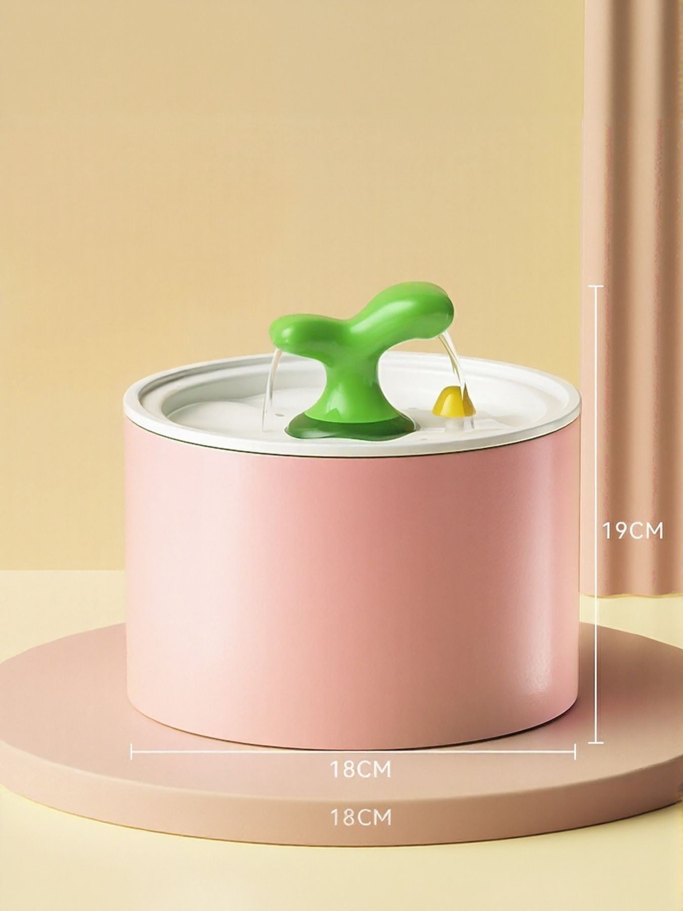 Little Pets Club pink ceramic pet water fountain with a green mushroom-shaped spout, quiet electric pump, and dual-stream flow.