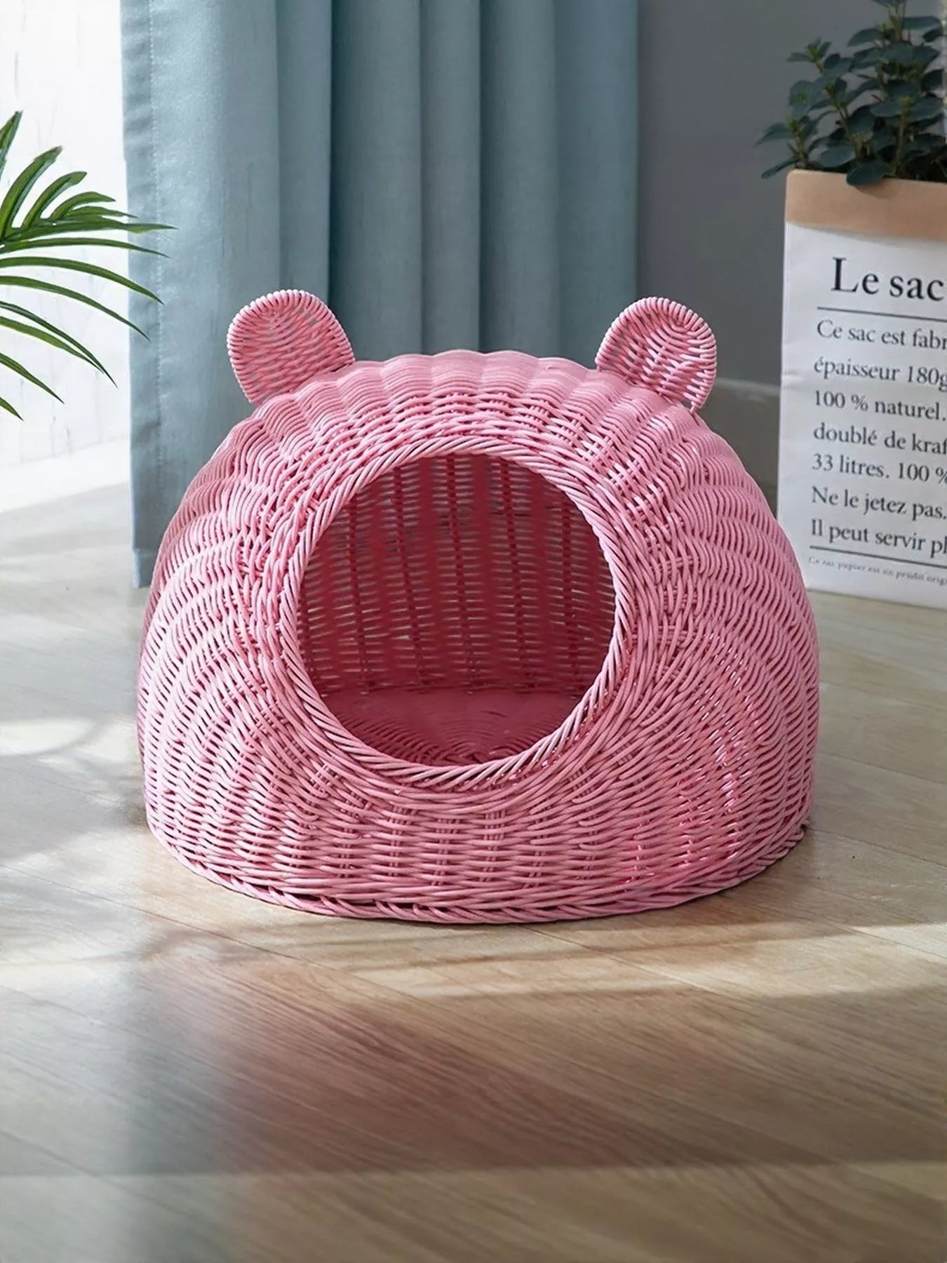 Little Pets Club pink rattan-style woven pet nest bed with bear ears, semi-enclosed design for cats and small animals.