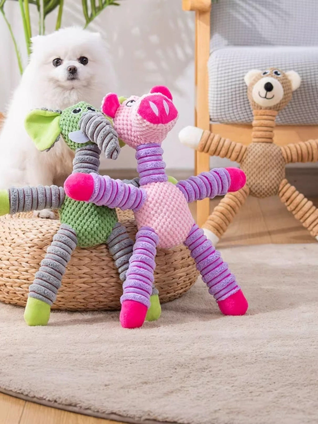 Little Pets Club plush elephant and pig dog toys made of polyester, with squeakers and crinkle material.