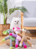 Little Pets Club plush animal dog toys in elephant, pig, and bear designs, made of polyester, with colorful striped limbs.