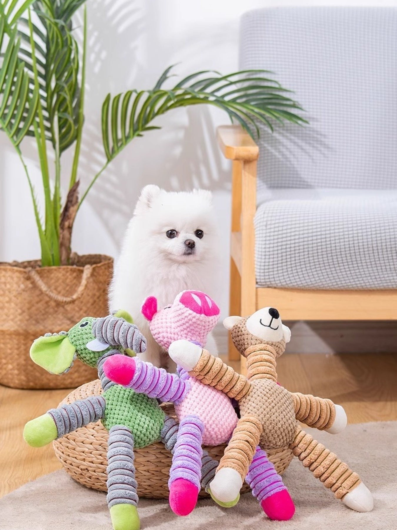 Little Pets Club plush animal dog toys in elephant, pig, and bear designs, made of polyester, with colorful striped limbs.
