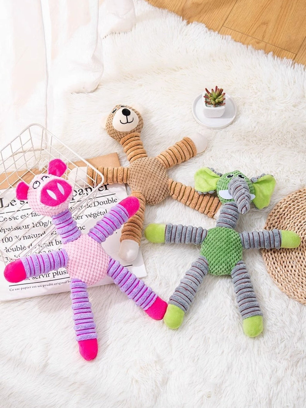 Little Pets Club plush dog toys in pig, elephant, and bear designs, made of polyester with striped limbs.