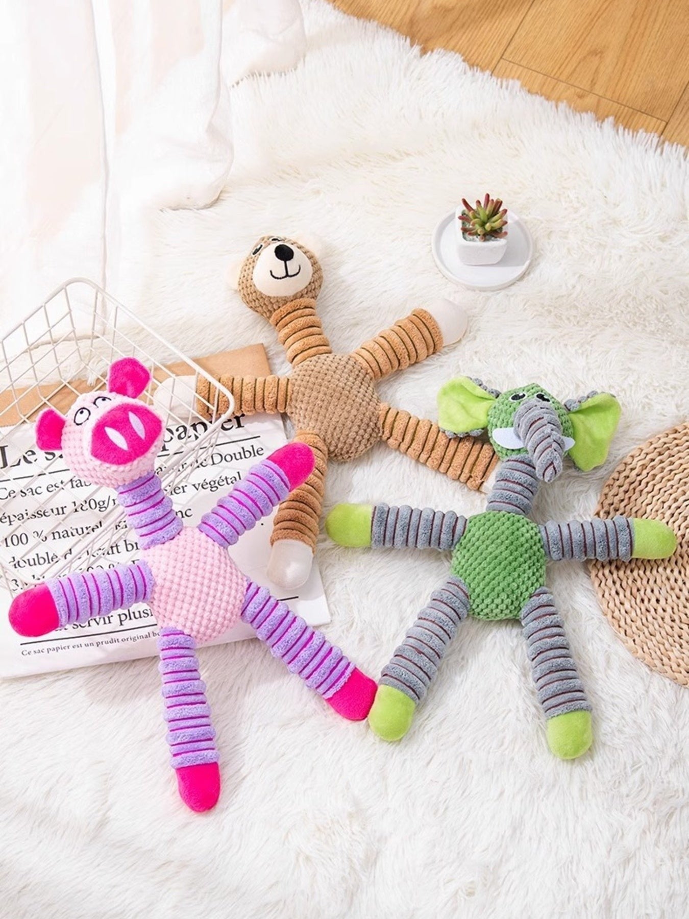 Little Pets Club plush dog toys in pig, elephant, and bear designs, made of polyester with striped limbs.