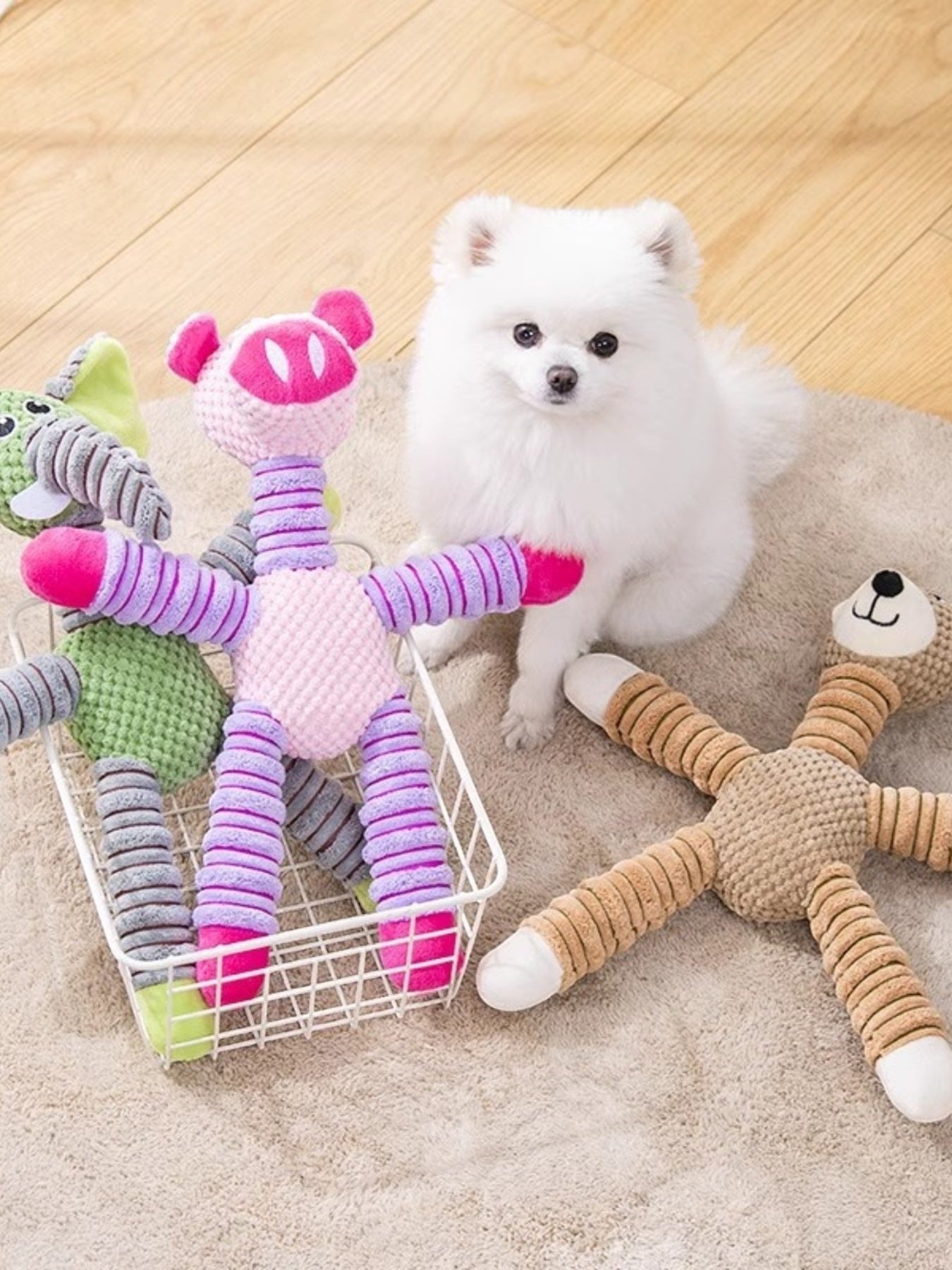 Little Pets Club plush dog toys in elephant, pig, and bear designs. Made of polyester with squeakers.