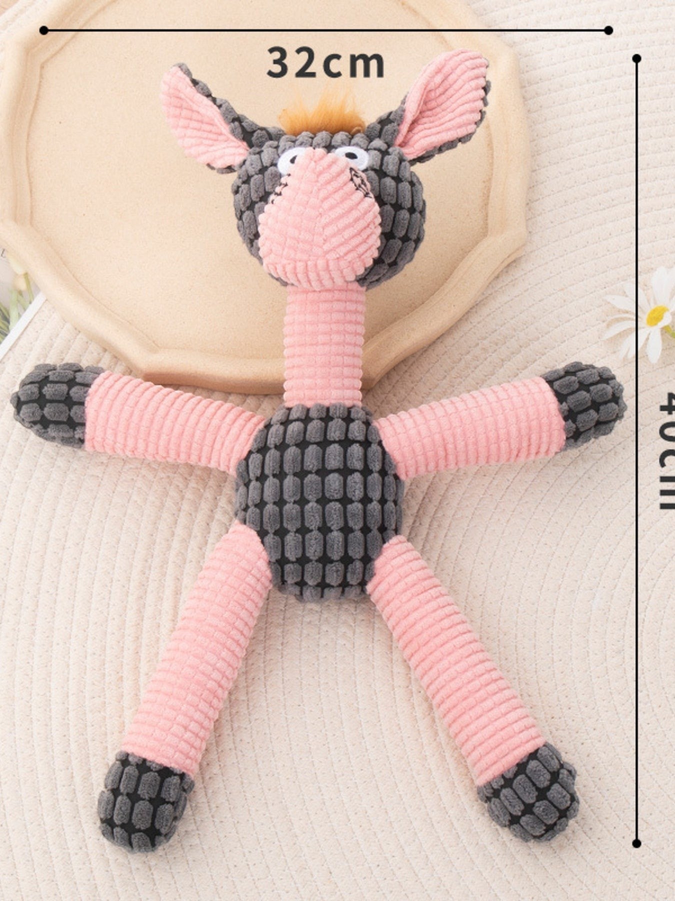 Little Pets Club pink and grey plush donkey dog toy, made of polyester, with corduroy texture and embroidered details.