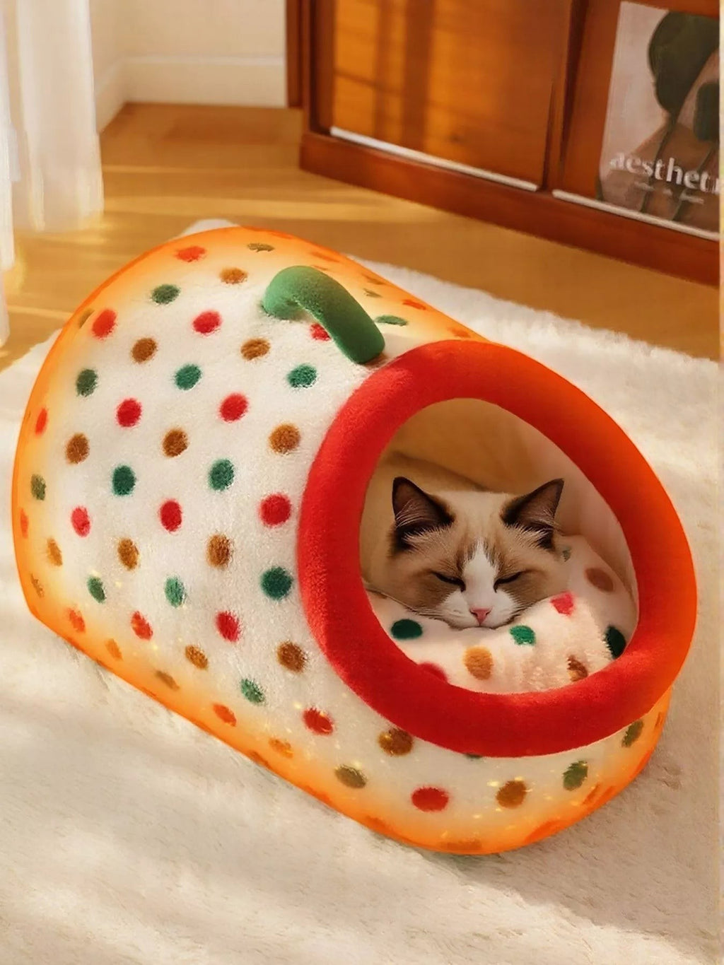 Little Pets Club plush enclosed cat bed with polka dot design and carry handle, featuring a sleeping cat inside.