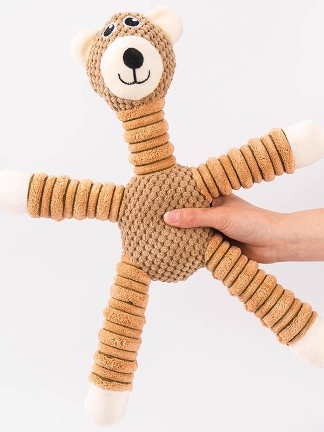 Little Pets Club brown plush teddy bear dog toy with squeaker and flexible limbs, made of polyester.