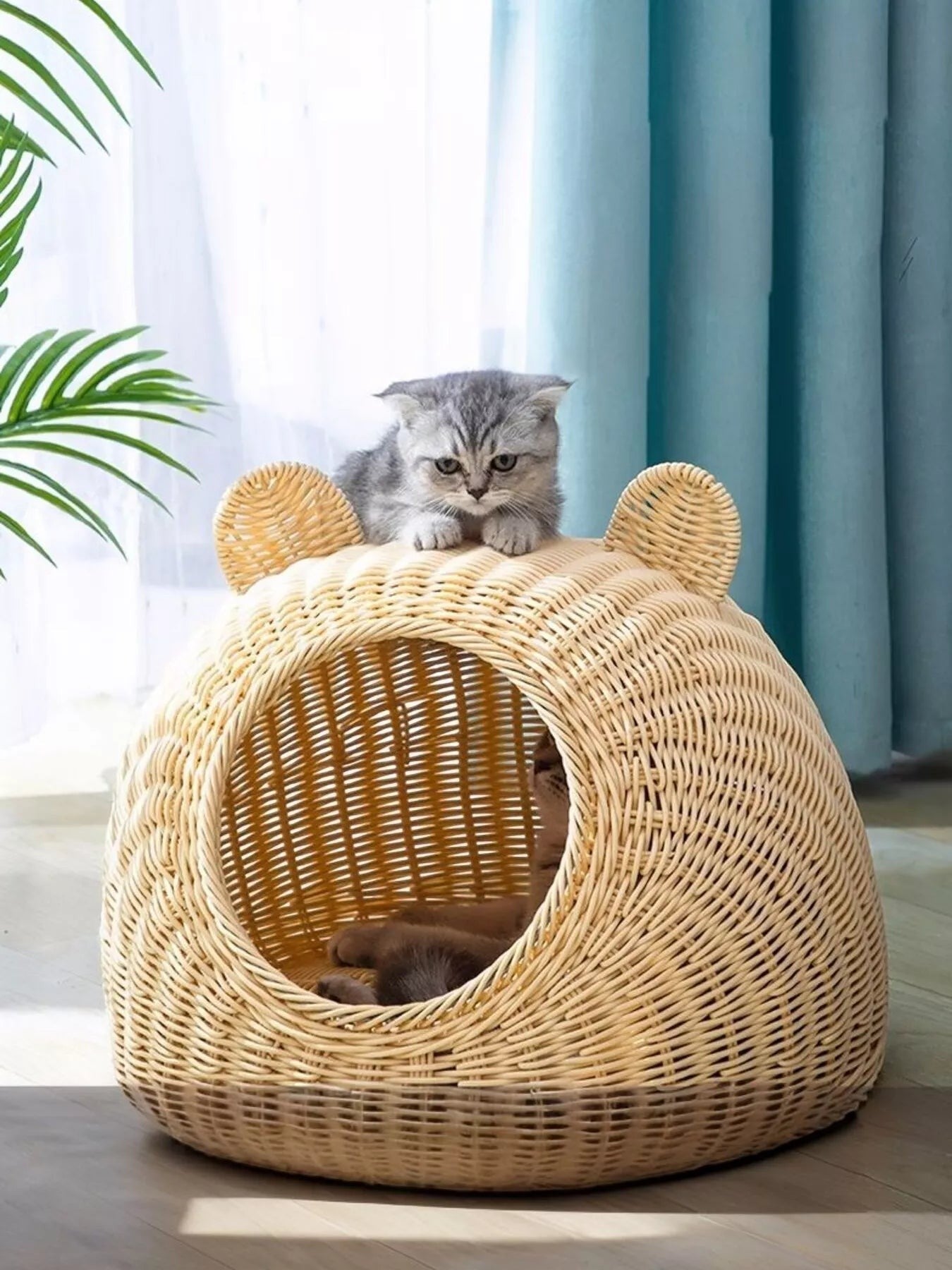 Little Pets Club natural rattan-style woven pet bed with cute bear ears, semi-enclosed design, perfect for cats and small pets.