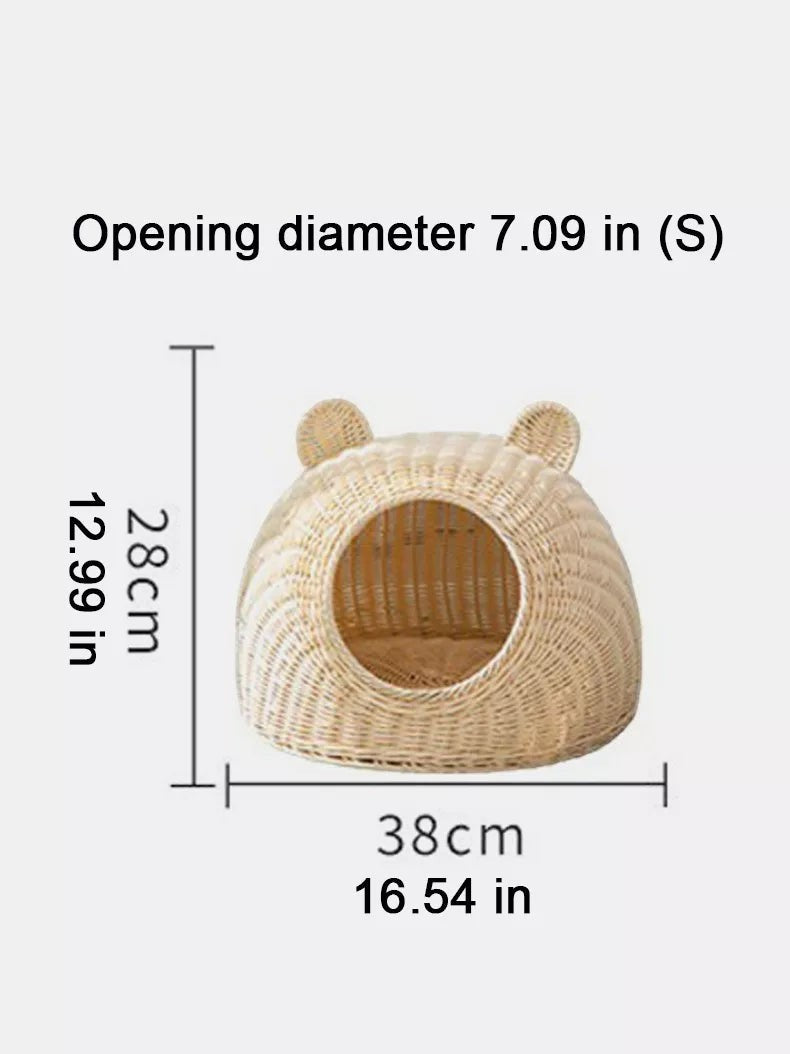 Little Pets Club natural rattan-style woven pet bed with bear ears and round opening. Cozy, breathable, and semi-enclosed design.