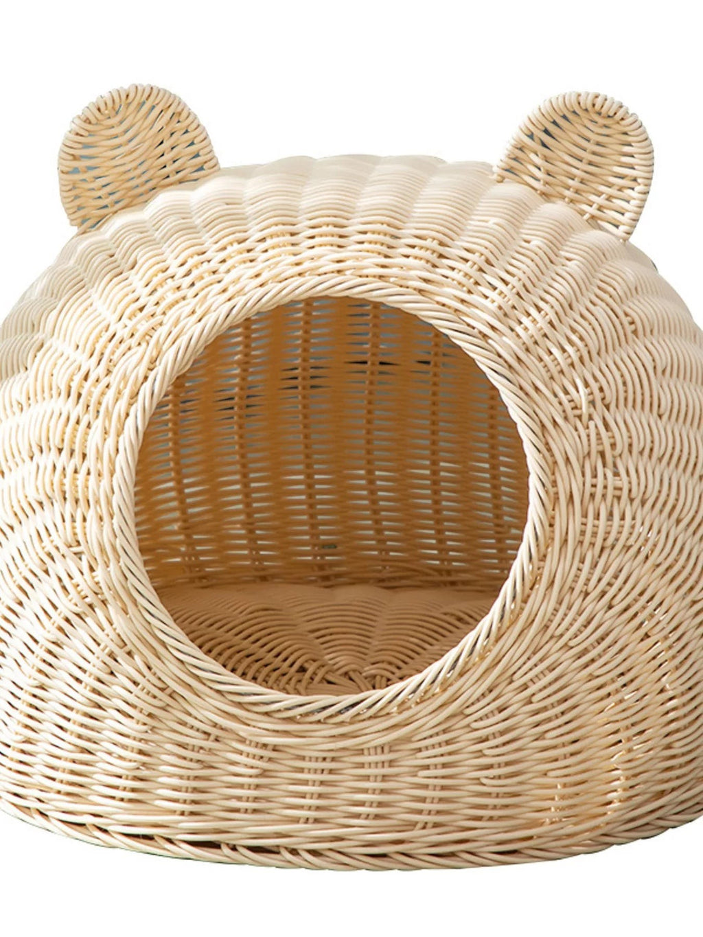 Little Pets Club natural rattan-style woven pet bed with ear details and cozy interior. Semi-enclosed design.