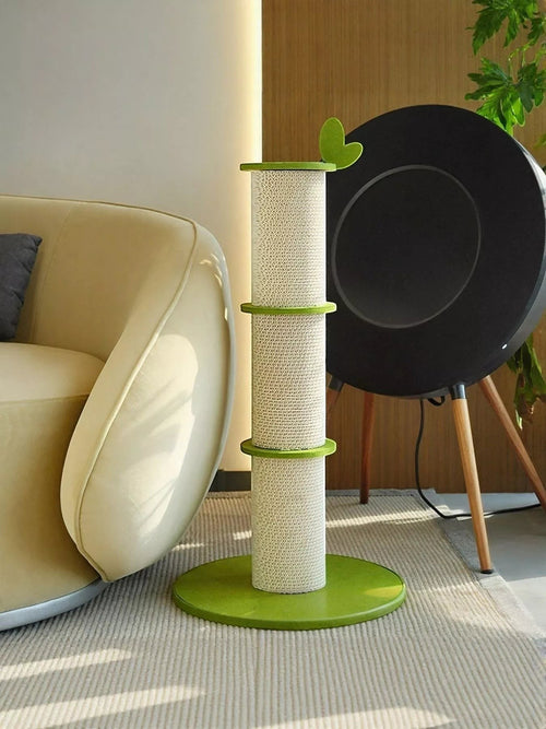 Little Pets Club bamboo-shaped sisal cat scratching post with green base and leaf accent. Natural fiber post for scratching and stretching.