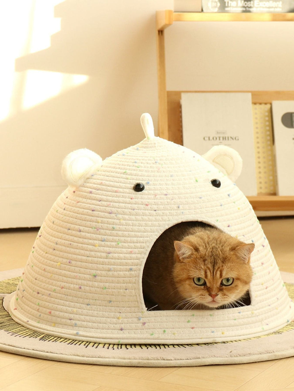Little Pets Club Speckled Bear Ear Cat Cave Bed, a cozy, dome-shaped cotton rope cat bed with bear ears and multicolor speckles.