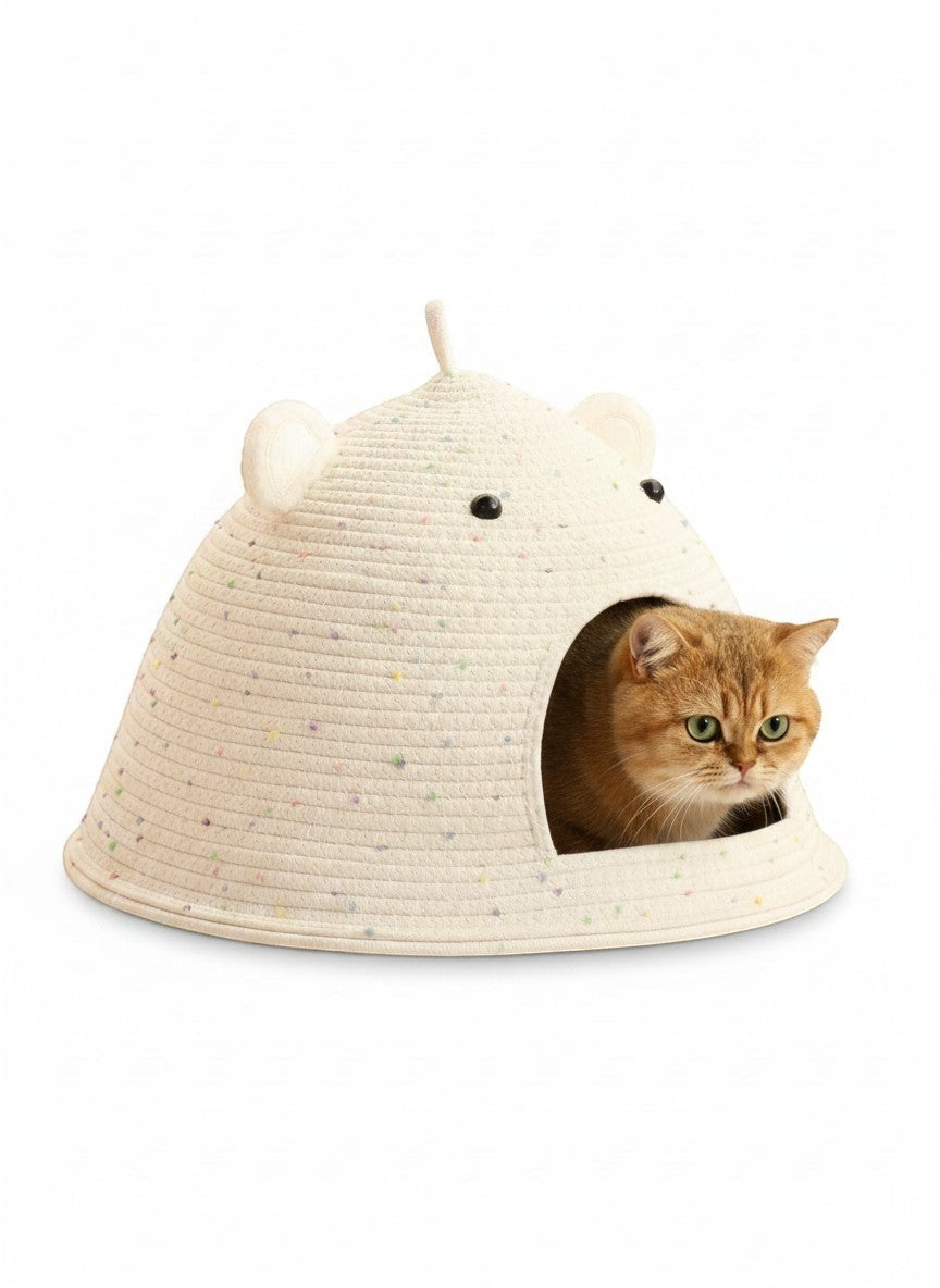 Little Pets Club cream speckled bear ear cat cave bed made of cotton rope with a cute entrance for cats.