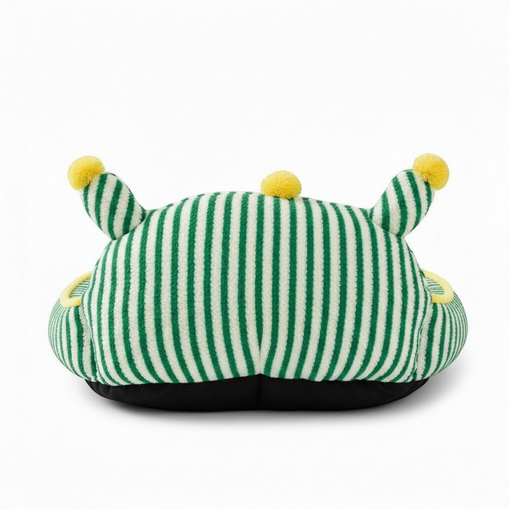 Little Pets Club green and white striped plush pet bed with yellow pom-pom accents and raised bolster.