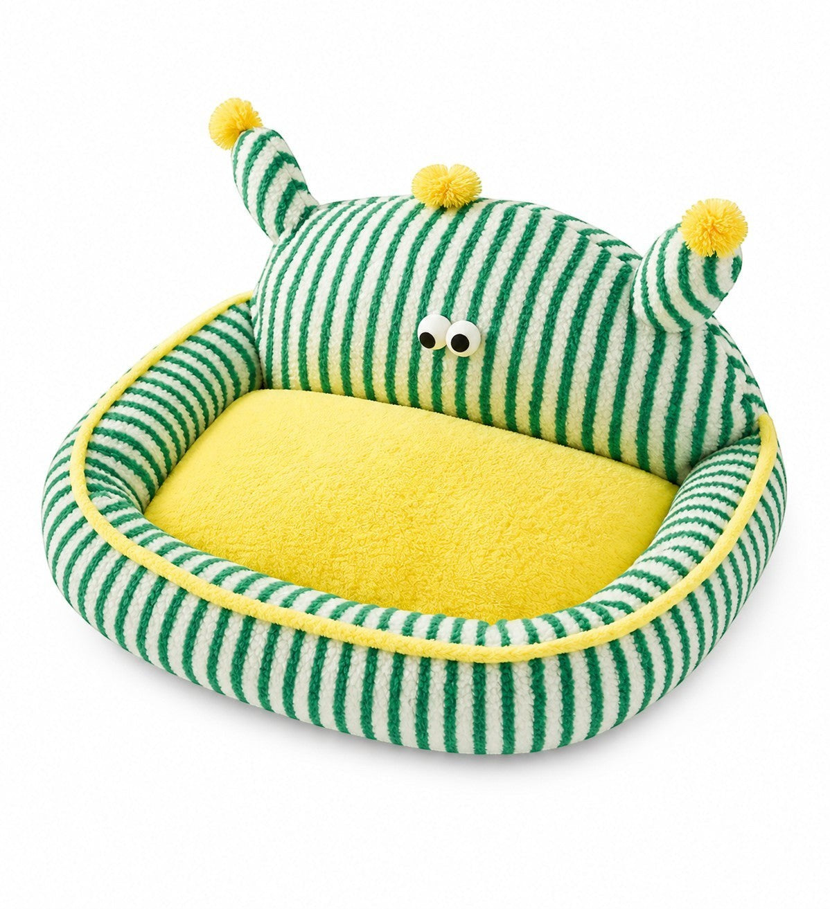 Little Pets Club green and white striped plush pet bed with yellow interior and monster eyes. Raised bolster design.