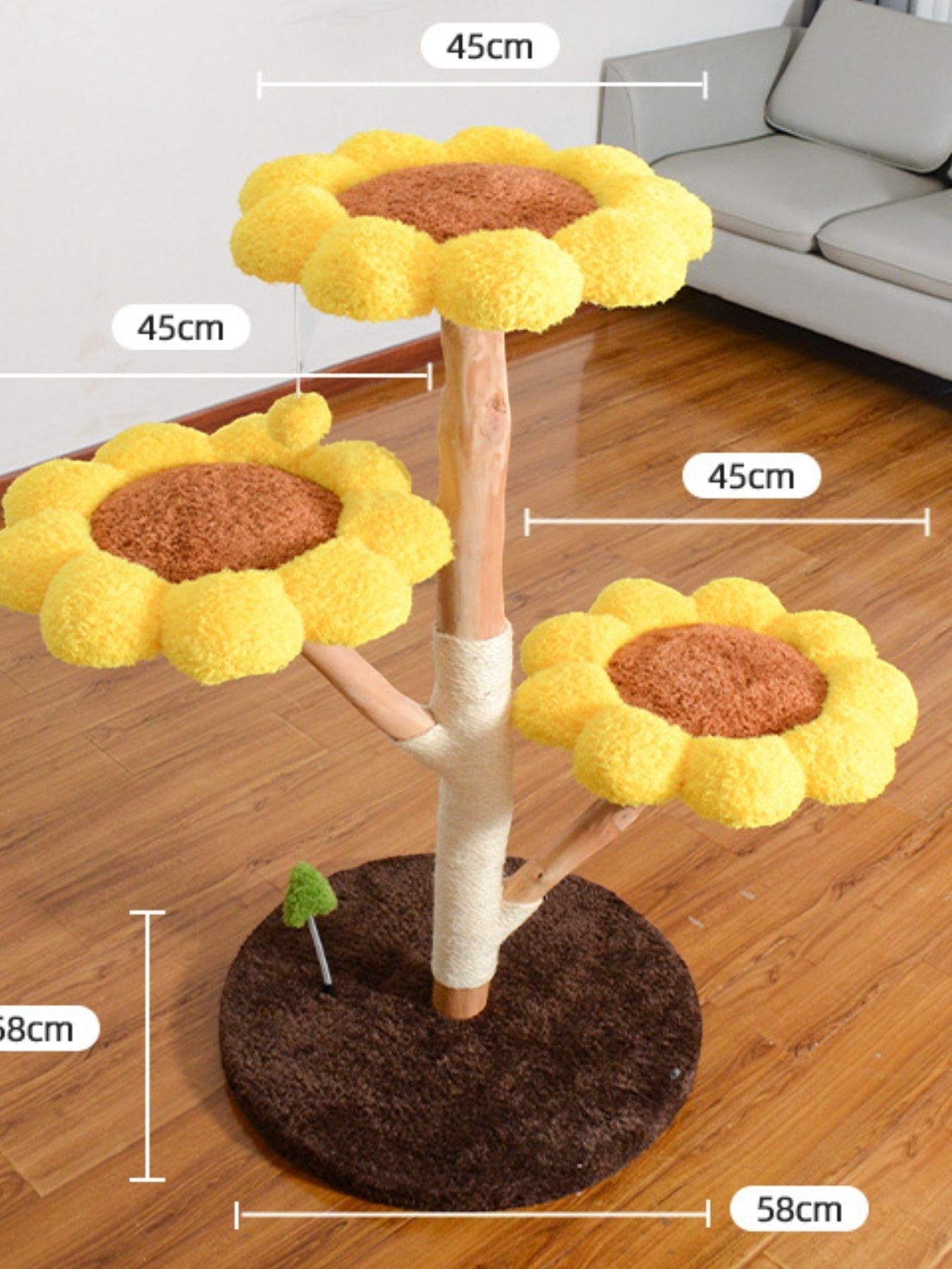 Little Pets Club Sunflower Cat Tree with yellow plush flower perches and sisal scratching posts.