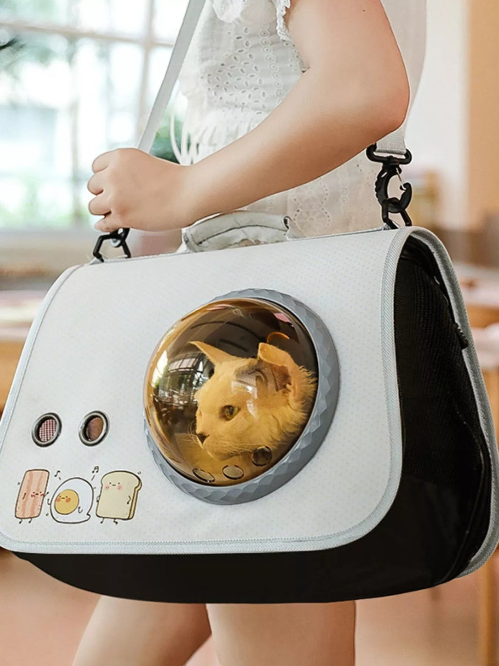 Little Pets Club white pet carrier with bubble window and breakfast graphics, featuring a cat inside.