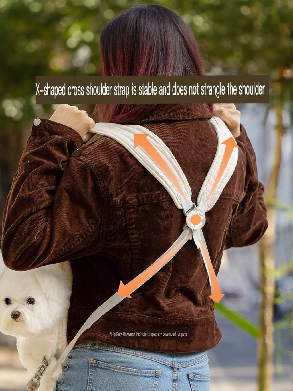 Little Pets Club white quilted pet carrier tote bag with adjustable X-shaped cross shoulder strap, shown with a small white dog peeking out.
