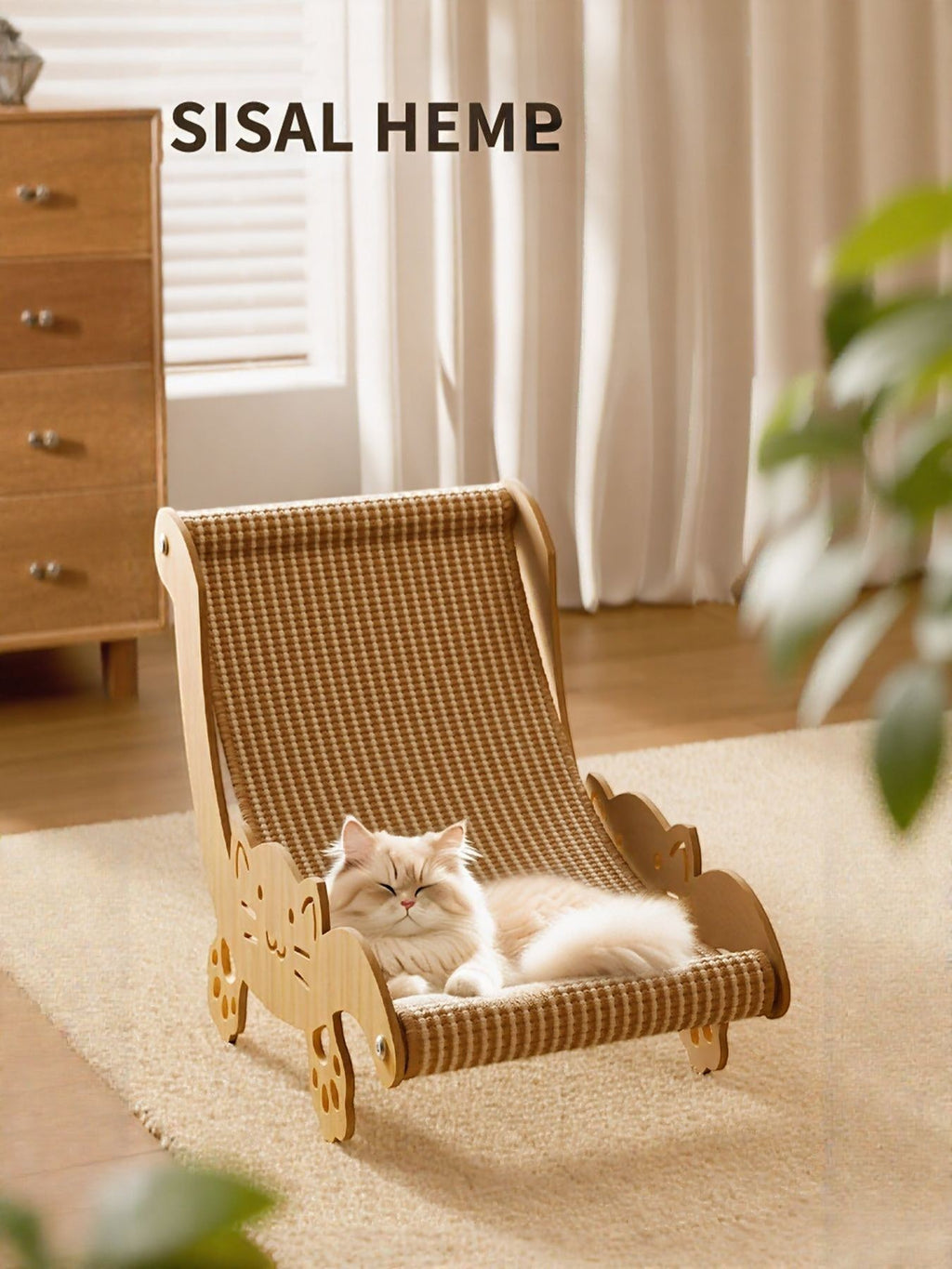 Little Pets Club wooden cat hammock with sisal scratcher, featuring a light brown cat lounging comfortably on the elevated bed.