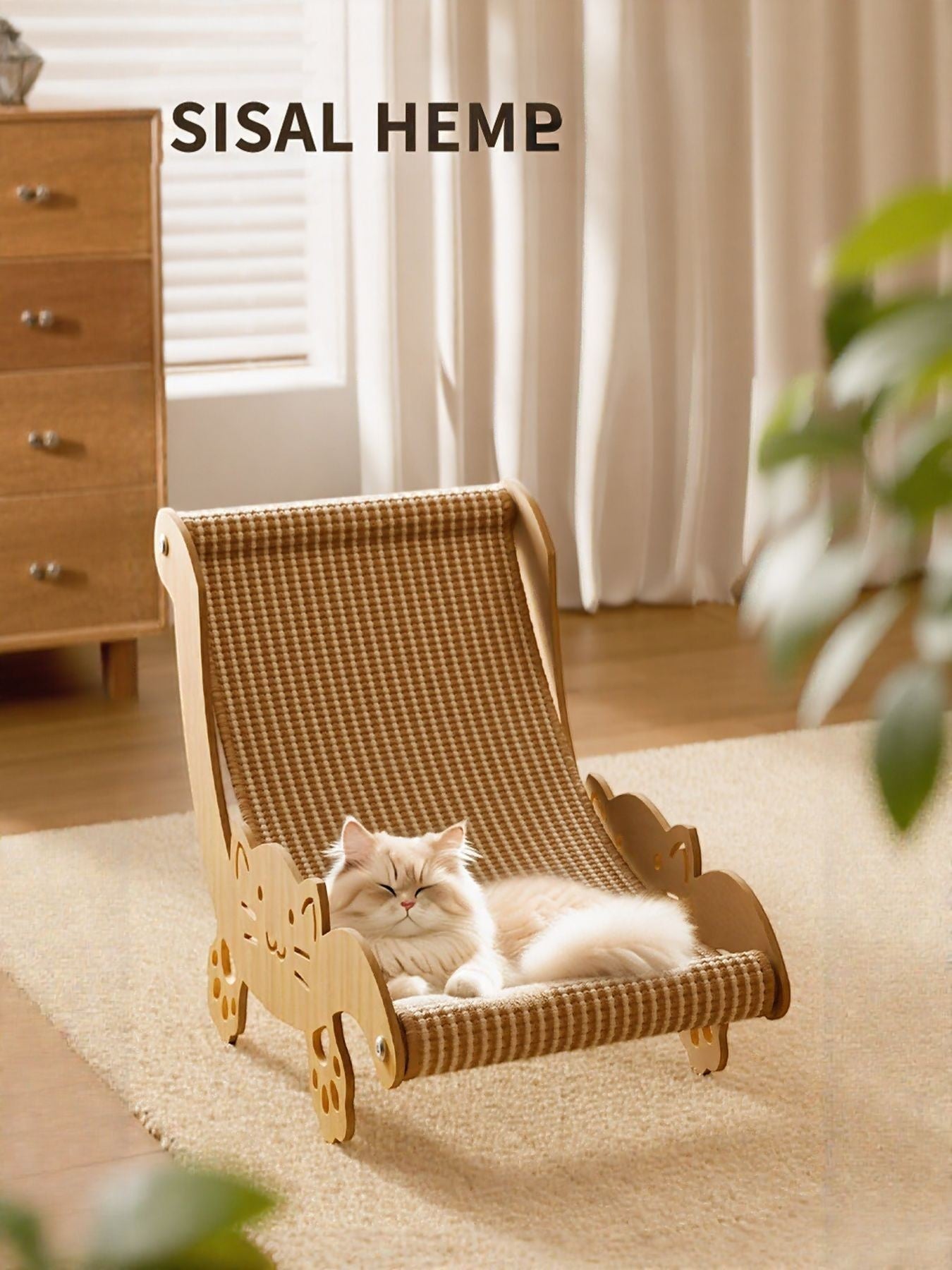 Little Pets Club wooden cat hammock with sisal scratcher, featuring a light brown cat lounging comfortably on the elevated bed.