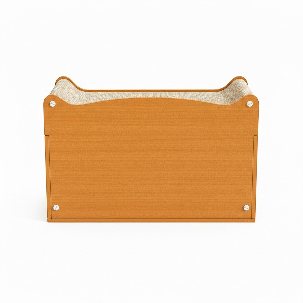 Little Pets Club modern wooden cat scratcher bed with beige textured scratching surface and enclosed condo.