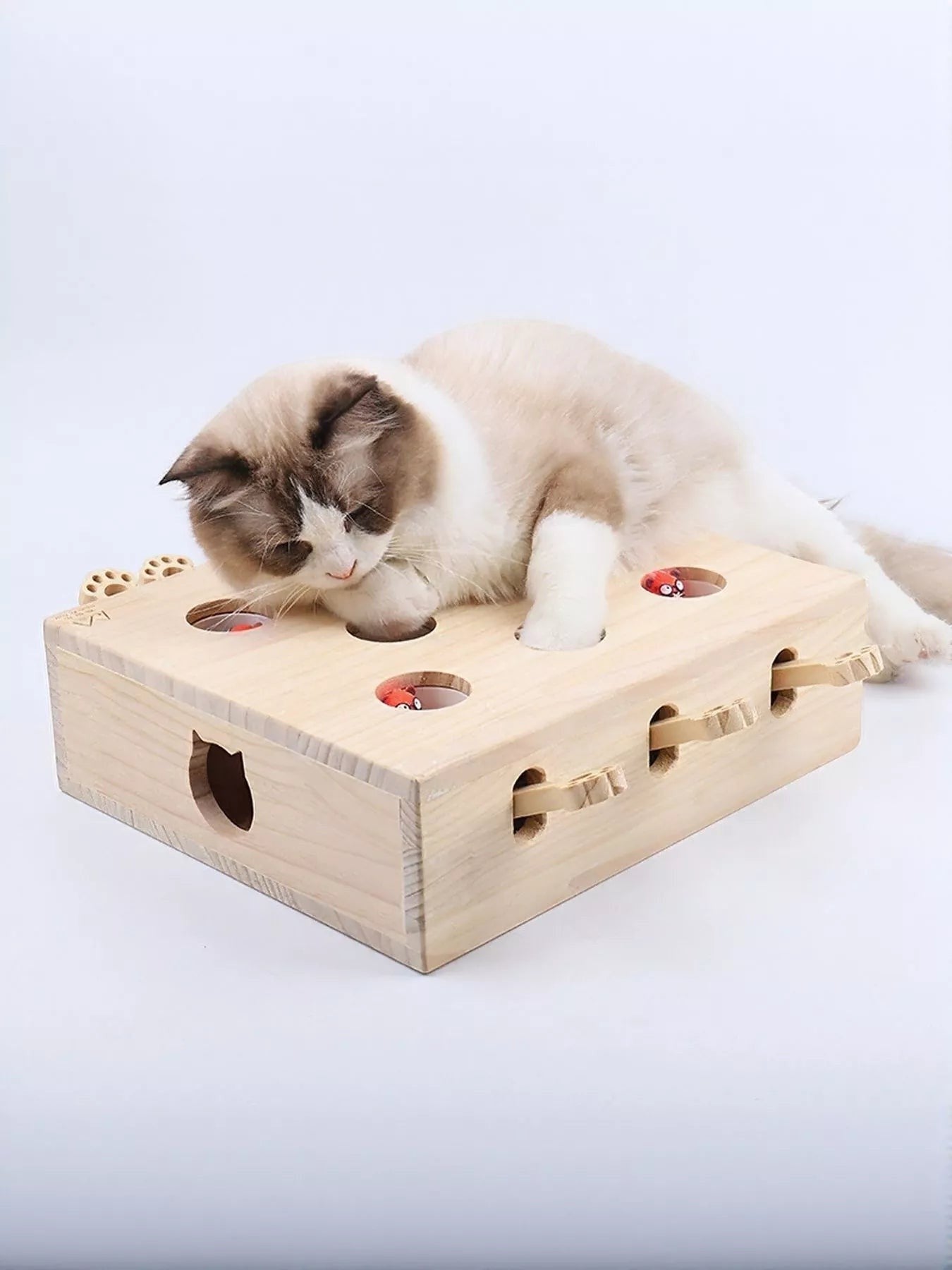Little Pets Club interactive wooden whack-a-mole toy with a cat playing. Features paw print cutouts and multiple holes.