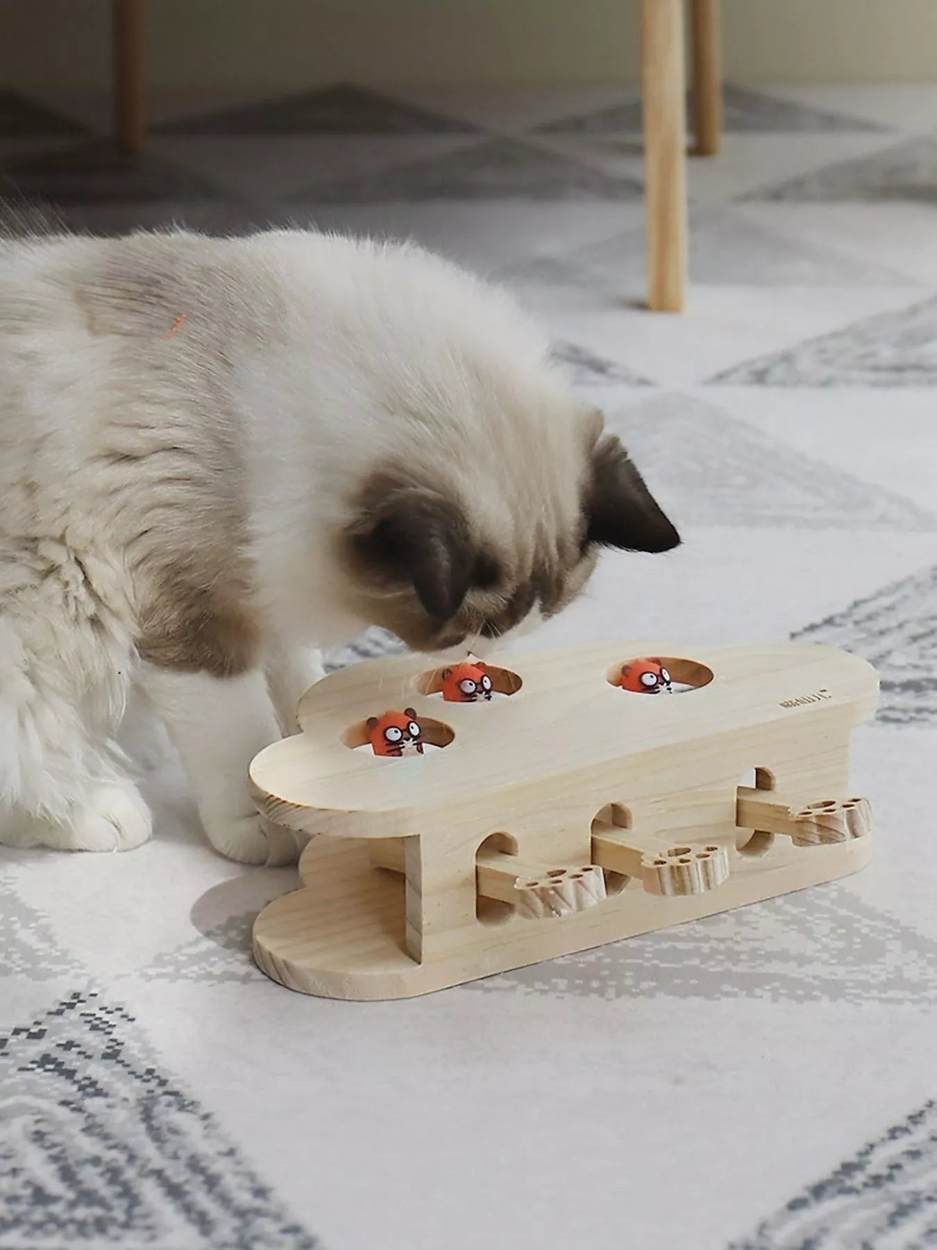 Little Pets Club interactive wooden whack-a-mole toy for cats, featuring cute characters popping out of holes for batting play.
