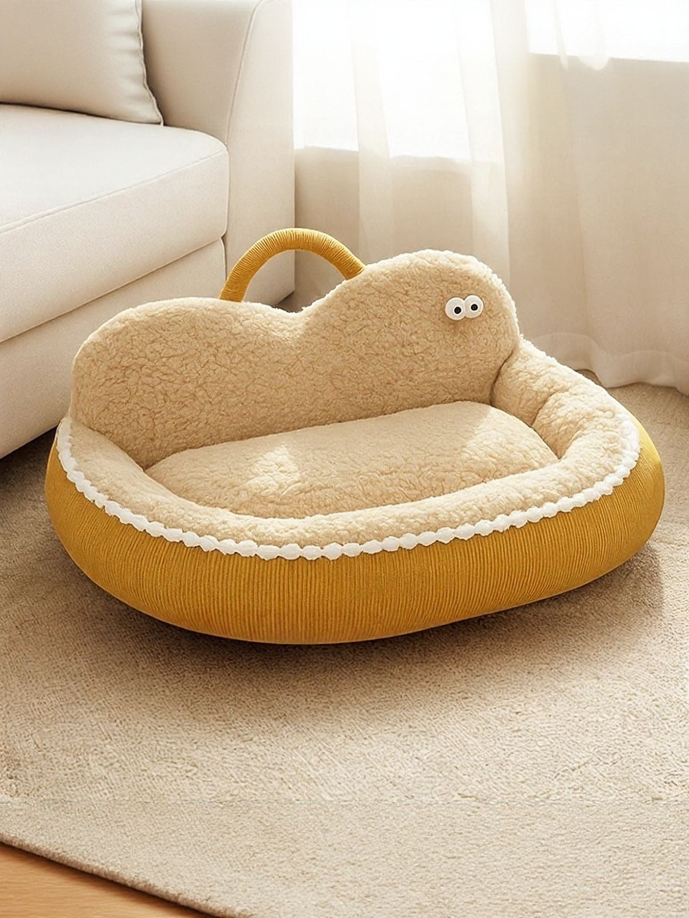 Little Pets Club yellow plush orthopedic pet sofa bed with raised edges and a cozy, cushioned base.